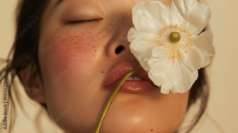 A close-up Of a woman's face with a flower covering her eye exuding a sense Of serenity and beauty. A close-up Of a woman's face with a flower covering her eye exuding a sense Of serenity and beauty.