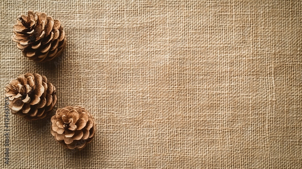 Three Pine Cones on a Natural Linen Canvas Background - A Simple and Rustic Nature-Inspired Still Life Three Pine Cones on a Natural Linen Canvas Background - A Simple and Rustic Nature-Inspired Still Life