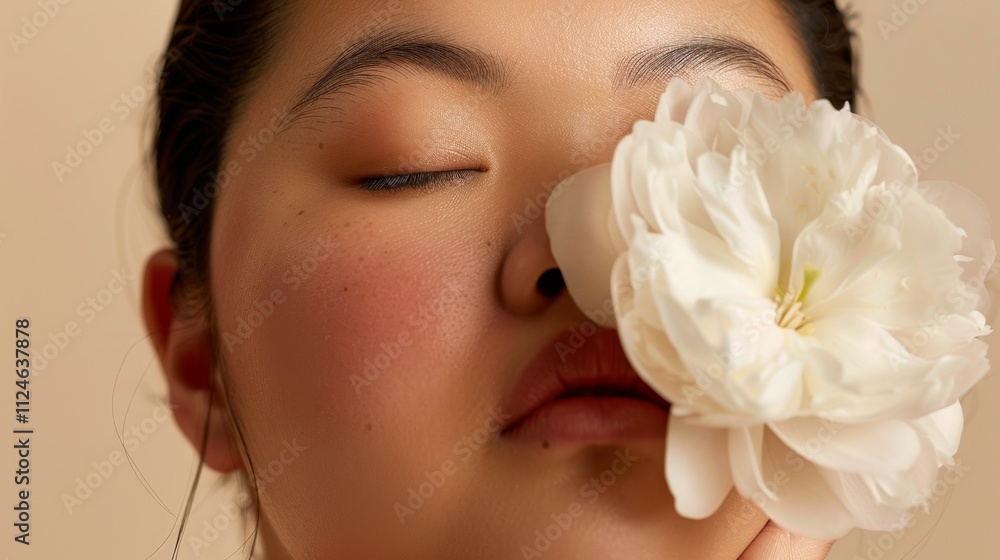 A serene Asian woman with her eyes closed holding a white flower to her face exuding a sense Of peacefulness and tranquility. A serene Asian woman with her eyes closed holding a white flower to her face exuding a sense Of peacefulness and tranquility.
