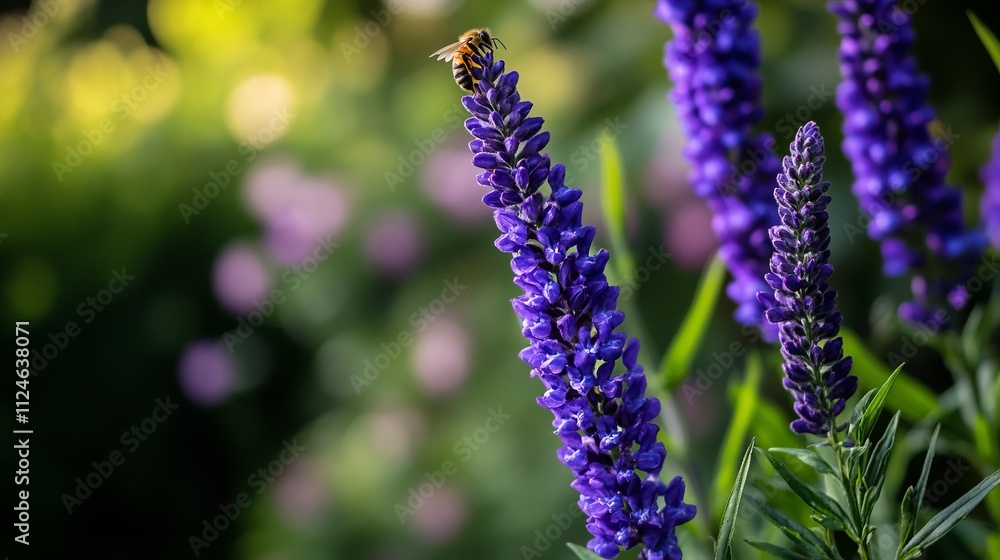 Close-up of Stunning Purple Flowers with a Bee - A Vibrant Garden Scene Close-up of Stunning Purple Flowers with a Bee - A Vibrant Garden Scene