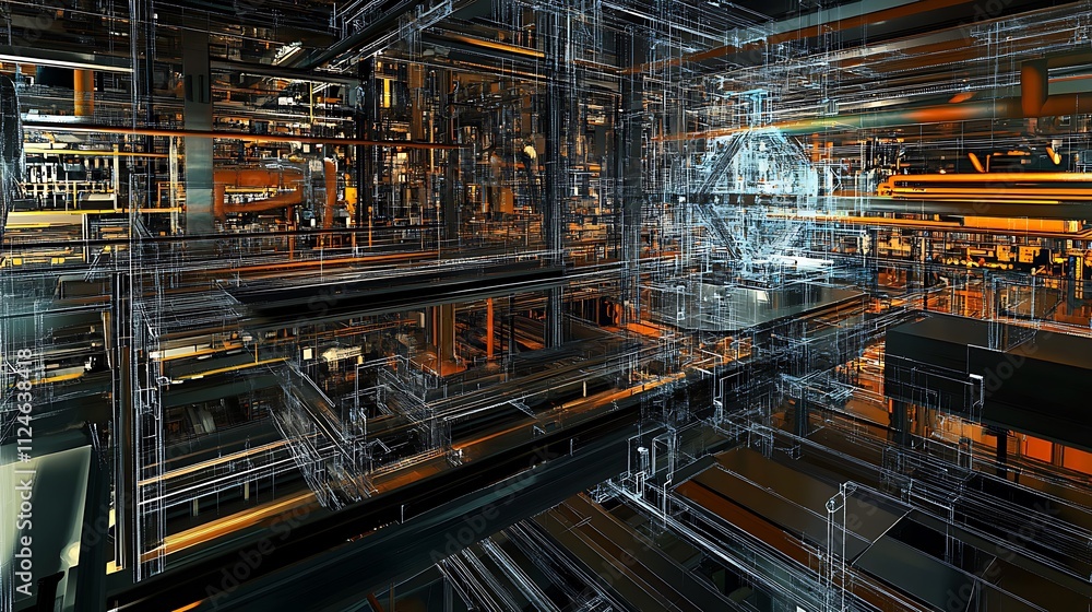 Abstract Wireframe Rendering Of A Complex Industrial Structure Abstract Wireframe Rendering Of A Complex Industrial Structure