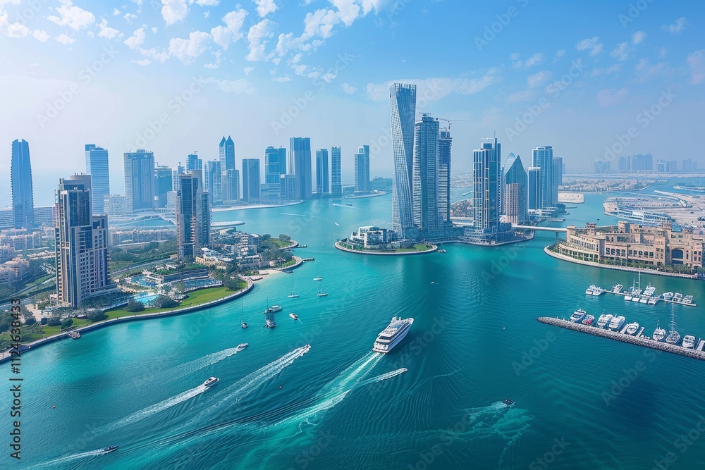 Fototapeta premium The vibrant city skyline showcases a mix of contemporary architecture along the waterfront, with boats gliding through the brilliant turquoise waters in bright daylight.