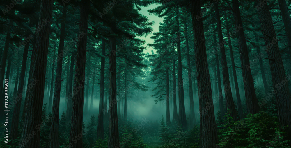 Obraz premium serene pine forest with dense trees and misty atmosphere, creating tranquil and mysterious environment. lush greenery invites exploration and reflection