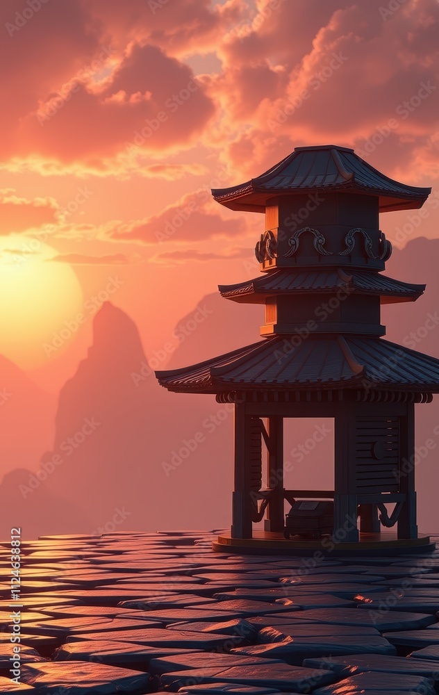Asian Pagoda Sunset Scenic Mountain Landscape Asian Pagoda Sunset Scenic Mountain Landscape