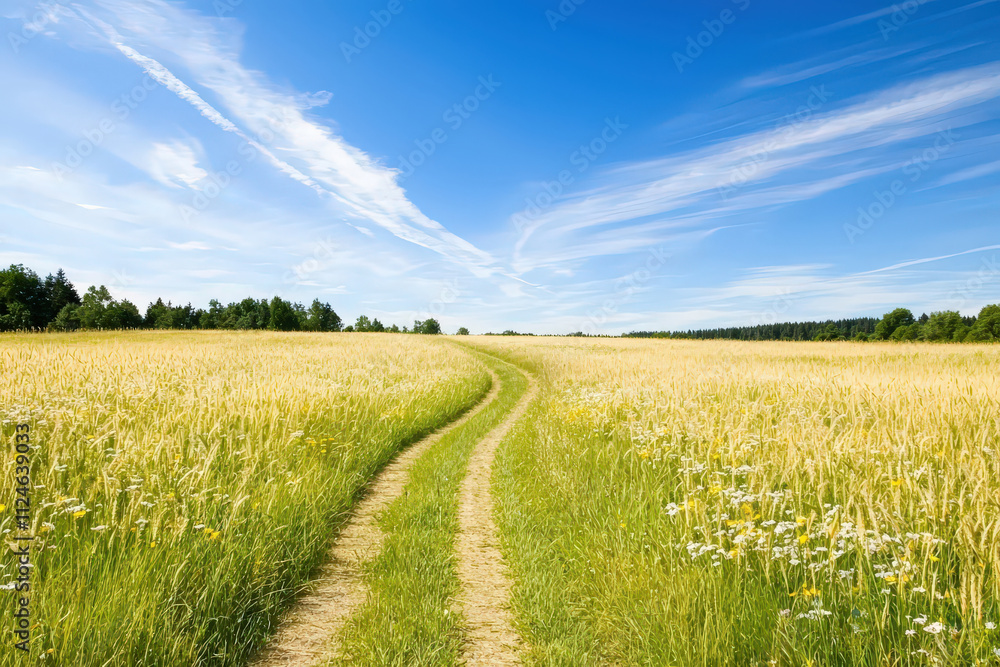serene prairie landscape featuring golden grasses and winding dirt path under bright blue sky with wispy clouds. scene evokes sense of tranquility and natural beauty serene prairie landscape featuring golden grasses and winding dirt path under bright blue sky with wispy clouds. scene evokes sense of tranquility and natural beauty