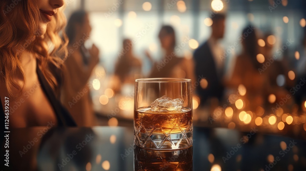Cocktail Party Scene with Whiskey Drink and Elegantly Dressed Guests Cocktail Party Scene with Whiskey Drink and Elegantly Dressed Guests