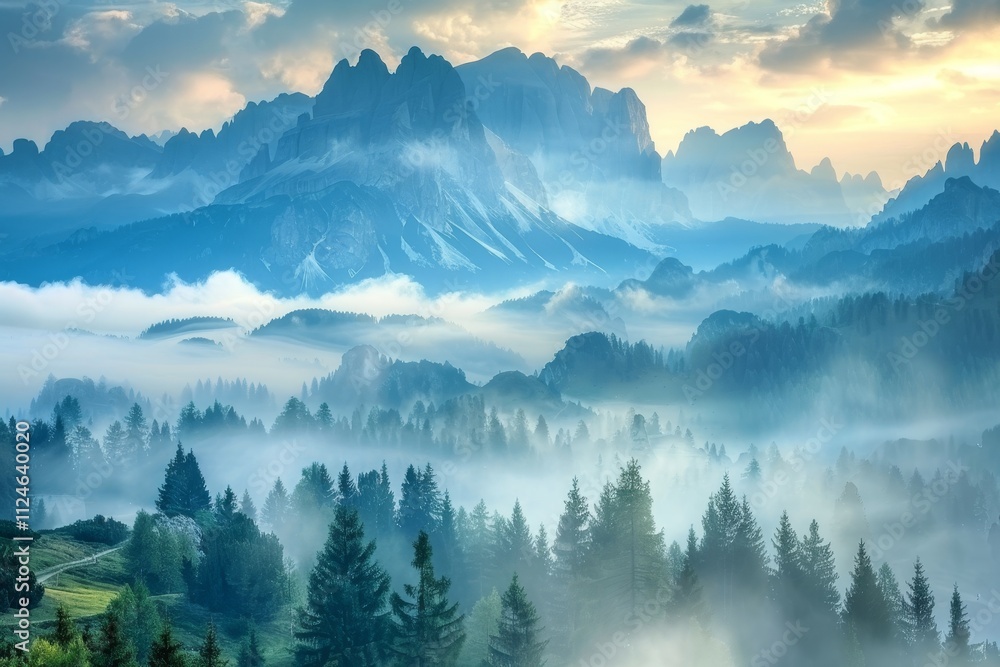 In the early morning light, towering peaks of the Dolomites rise above a misty valley, their silhouettes softened by fog and illuminated by the gentle dawn glow. In the early morning light, towering peaks of the Dolomites rise above a misty valley, their silhouettes softened by fog and illuminated by the gentle dawn glow.