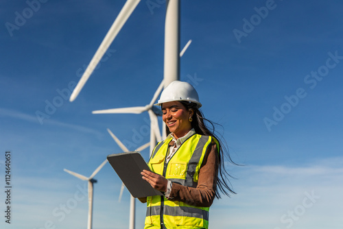 Latin american female engineer using tablet in wind turbine power plant generating green energy