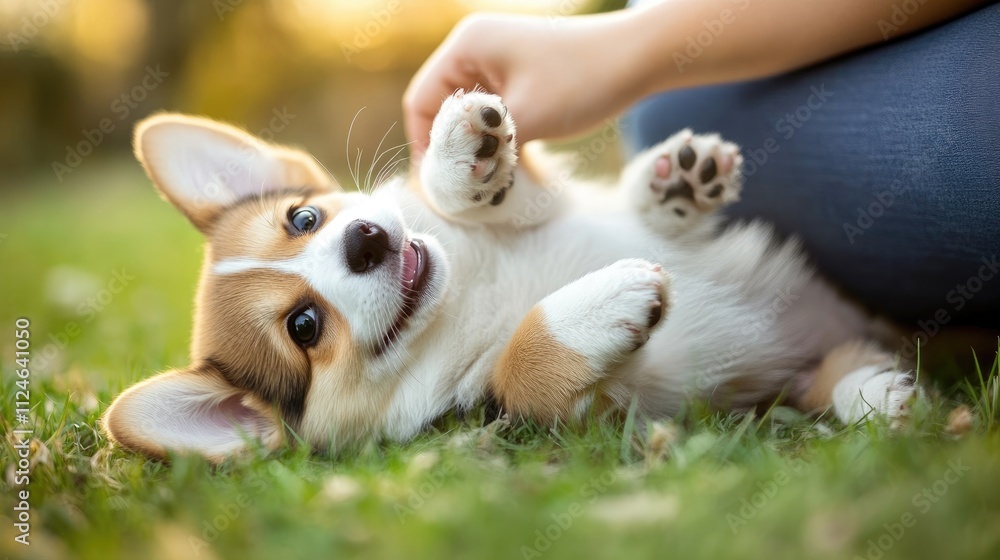 A playful corgi puppy lying on its back with its paws in the air, enjoying a belly rub from its owner. A playful corgi puppy lying on its back with its paws in the air, enjoying a belly rub from its owner.