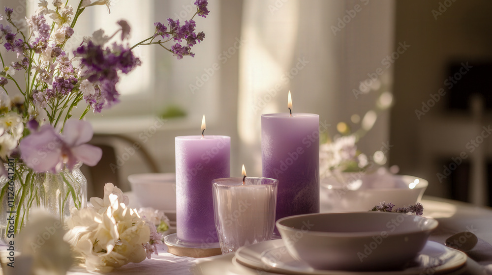 The table has 3 purple, textured small pillar candles The table has 3 purple, textured small pillar candles