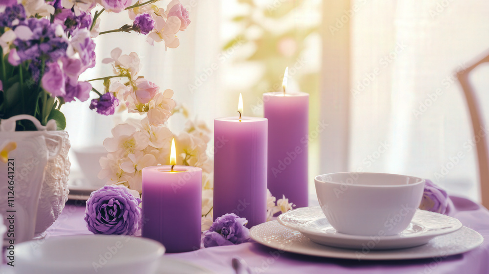 The table has 3 purple, textured small pillar candles The table has 3 purple, textured small pillar candles