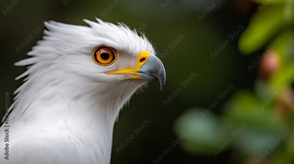 This powerful eagle exhibits sharp yellow eyes and pristine white feathers, highlighted by a dark background that enhances its intense gaze This powerful eagle exhibits sharp yellow eyes and pristine white feathers, highlighted by a dark background that enhances its intense gaze