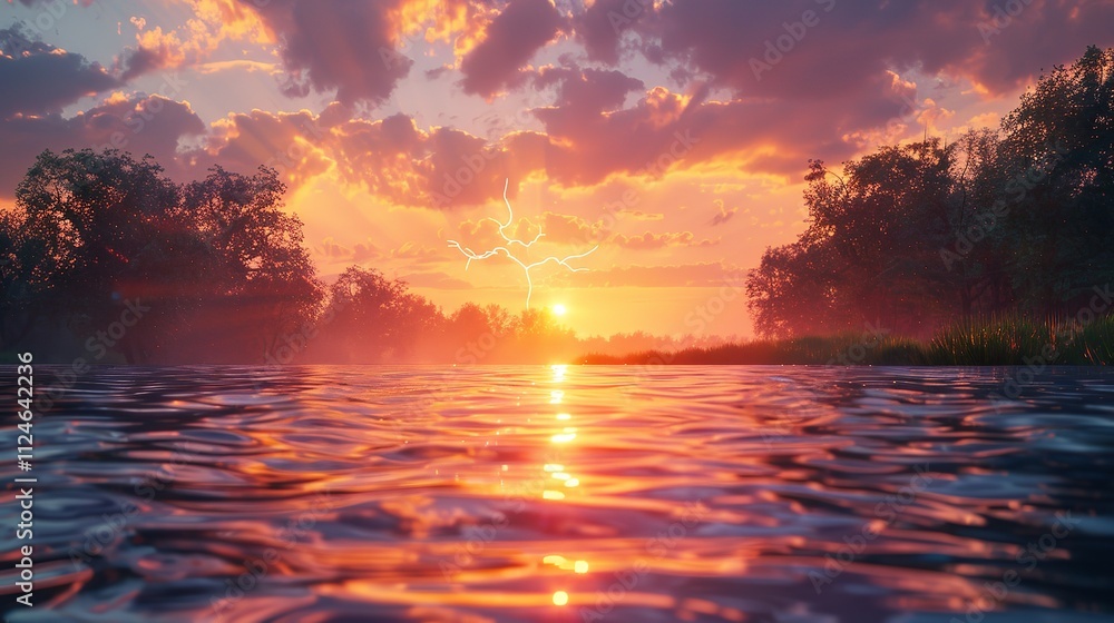 Stunning Sunset Over Tranquil River with Reflective Water and Dramatic Clouds in a Serene Natural Landscape Stunning Sunset Over Tranquil River with Reflective Water and Dramatic Clouds in a Serene Natural Landscape