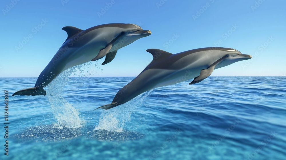 Obraz premium A pair of dolphins leaping gracefully out of the ocean, with a clear blue sky above them.