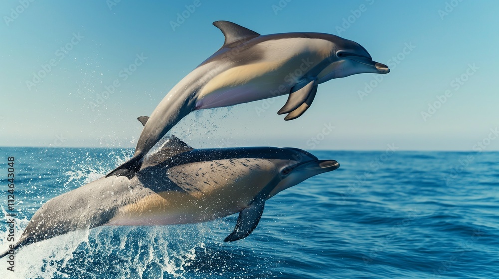 Naklejka premium A pair of dolphins leaping gracefully out of the ocean, with a clear blue sky above them.