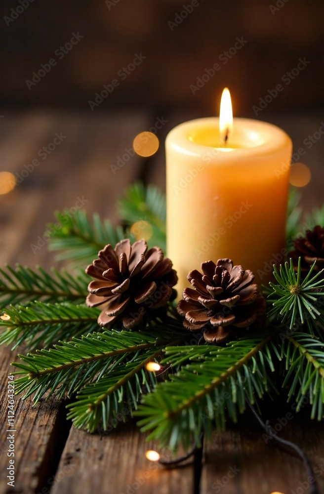 Christmas decoration with candle and fir tree branch on wooden background, selective focus Christmas decoration with candle and fir tree branch on wooden background, selective focus