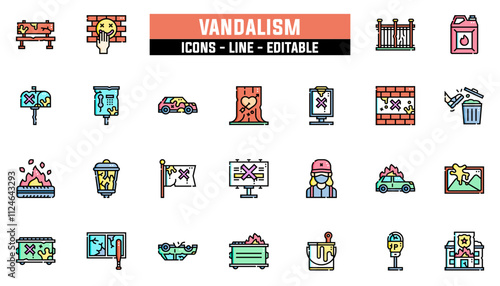 Set of 25 line icons vandalism. Editable stroke. Vector illustration