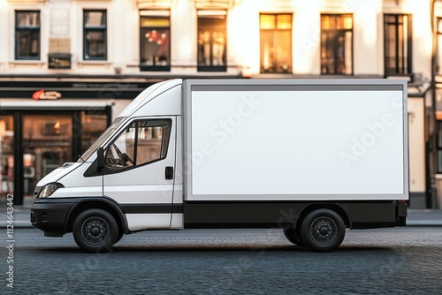 Delivery truck parked on city street during daytime with empty side for advertising