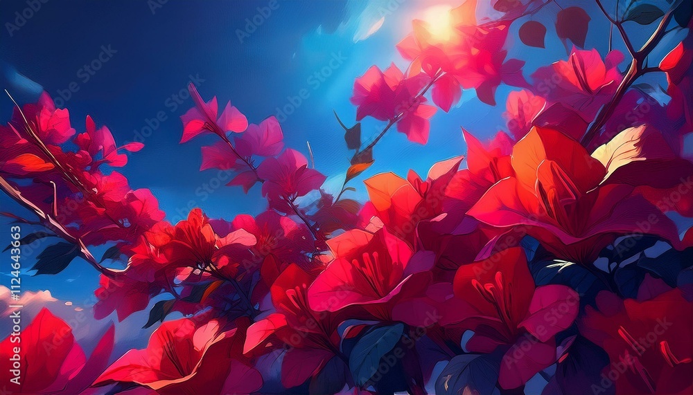 Red Bougainvillea Flowers Against Blue Sky Red Bougainvillea Flowers Against Blue Sky