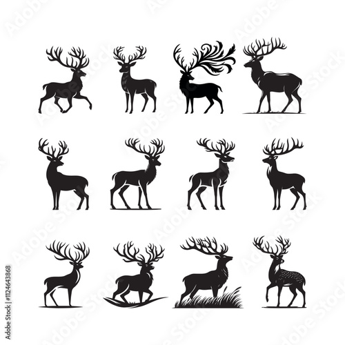 Deer Silhouette Vector Illustration, Solid White Background.