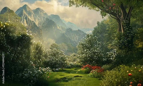 Mountain landscape with eden garden