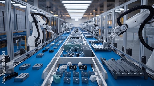 Modern conveyor belt in a robotics factory, moving parts for assembly, emphasizing cutting-edge technology and automated production lines