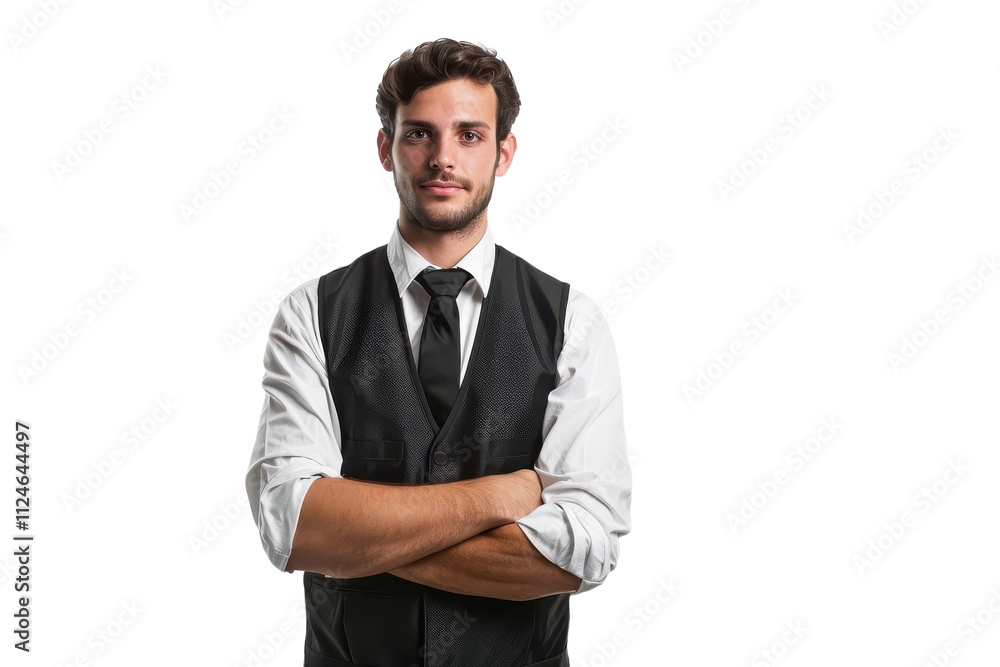 Professional waiter standing poised against a white background, ready to serve exquisite dining experience with professionalism and elegance Professional waiter standing poised against a white background, ready to serve exquisite dining experience with professionalism and elegance