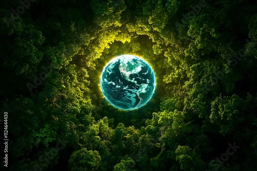 Earth's Embrace: A mesmerizing image of planet Earth enveloped in a vibrant green canopy, symbolizing the interconnectedness of nature and the importance of sustainability.  