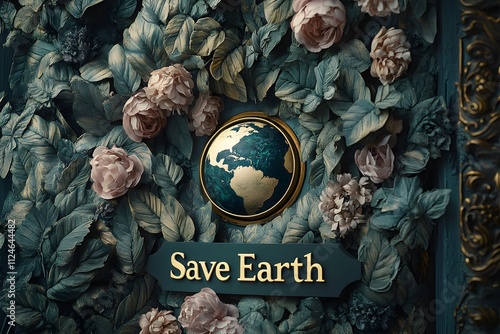 Save Earth: An ornate, gilded globe nestled amongst sculpted flowers, a plea for environmental protection.