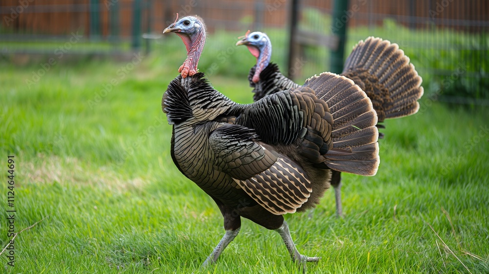 A pair of turkeys strutting proudly in a grassy pen, their feathers fanned out in display. A pair of turkeys strutting proudly in a grassy pen, their feathers fanned out in display.