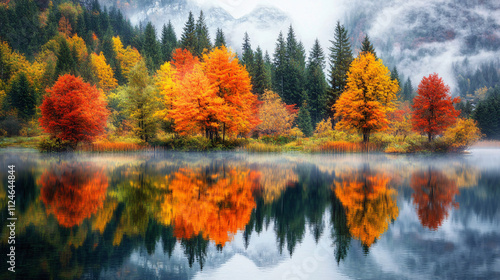 A scenic view of a lake surrounded by colorful autumn trees with reflections of the trees on the water, captured at dawn with soft mist rising.