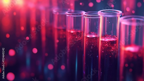 Test tubes with red liquid in scientific laboratory on dark background with blurred bokeh. Mysterious atmosphere with neon lighting creates a futuristic mood photo