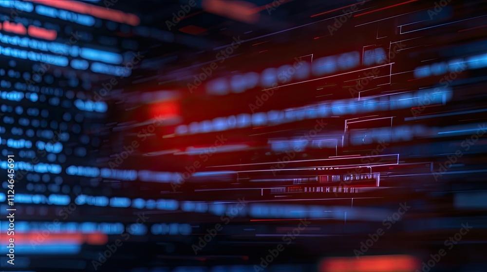 Naklejka premium Cybersecurity ransomware concept. Abstract digital background with glowing lines and data streams in red and blue tones.