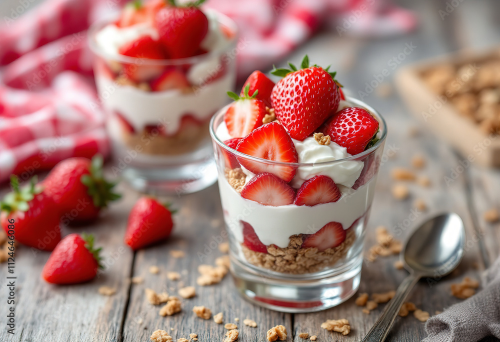 A layered dessert with strawberries, whipped cream, and granola in glass cups on a wooden table with a red and white checkered cloth A layered dessert with strawberries, whipped cream, and granola in glass cups on a wooden table with a red and white checkered cloth