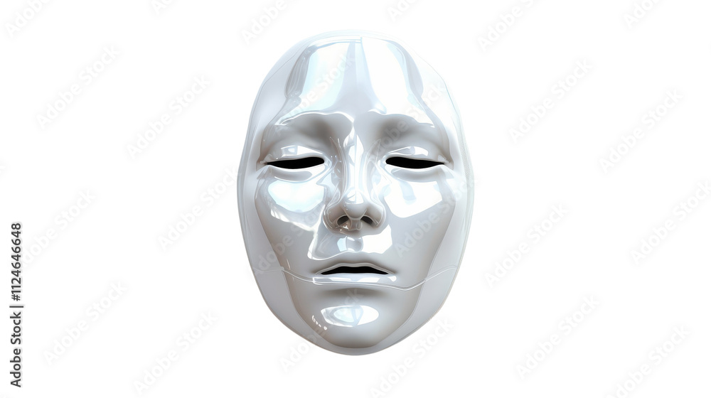 Glossy white facial mask displayed against a plain background, emphasizing its smooth texture and symmetrical features on transparent background Glossy white facial mask displayed against a plain background, emphasizing its smooth texture and symmetrical features on transparent background