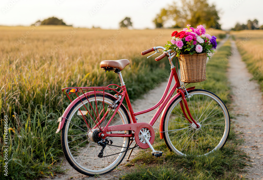 Obraz premium A red bicycle with a basket full of flowers parked on a dirt path in a rural field