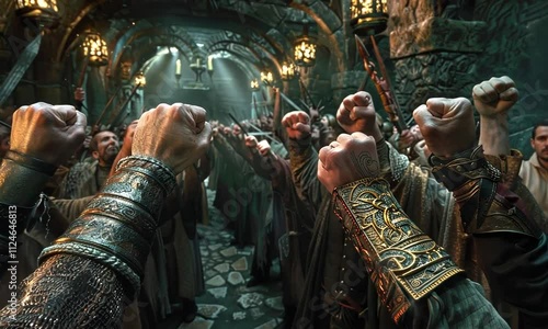 Epic fantasy crowd raising fists in solidarity photo