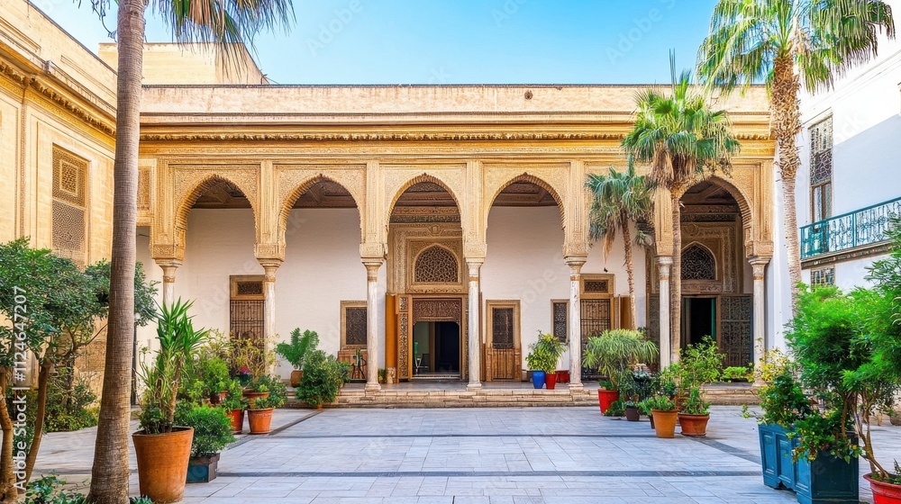 Obraz premium Vibrant Moroccan-Inspired Courtyard with Lush Greenery and Architectural Details