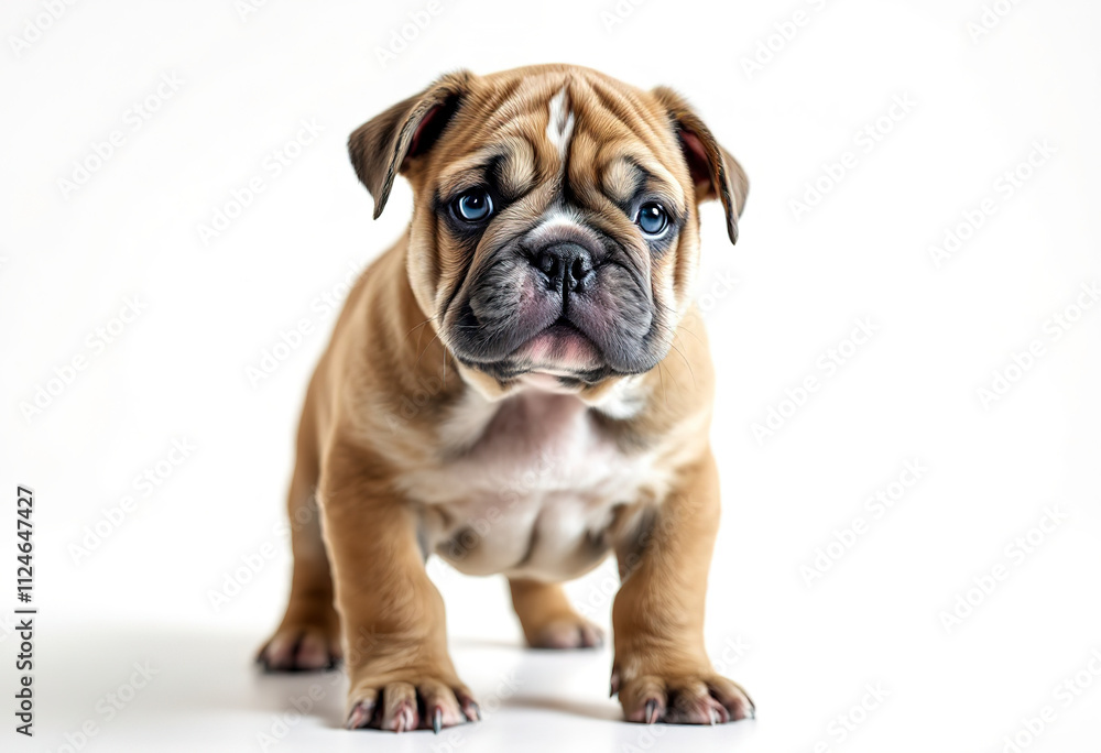 A young brown bulldog puppy with a wrinkly face and short fur, standing on a white background A young brown bulldog puppy with a wrinkly face and short fur, standing on a white background