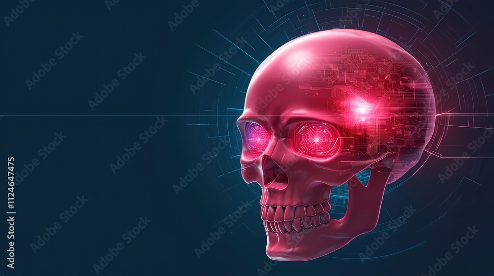 Cybersecurity ransomware concept. Digital illustration of a glowing pink skull with futuristic elements and vibrant glowing eyes. Cybersecurity ransomware concept. Digital illustration of a glowing pink skull with futuristic elements and vibrant glowing eyes.
