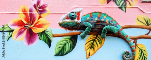 A chameleon blending into a painted mural, merging biology with art photo