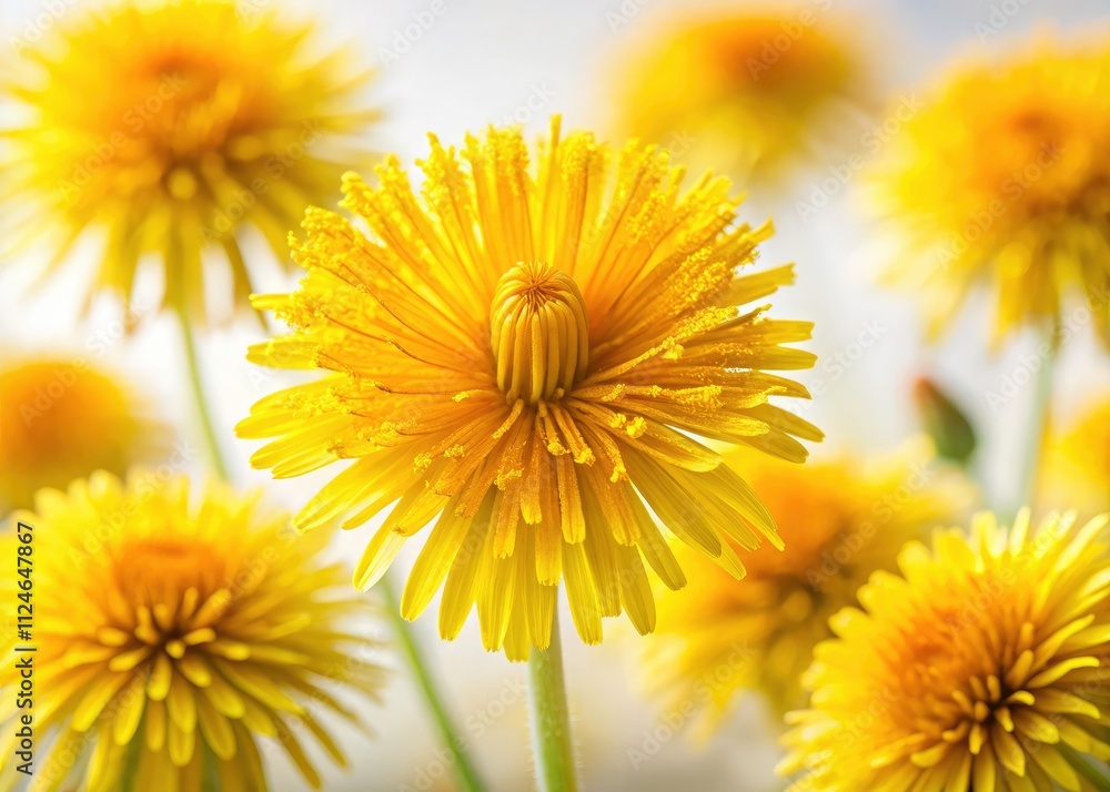 Naklejka premium Aerial Drone Shot Dandelion Flowers White Background Studio Photography Isolated Yellow Bloom Macro