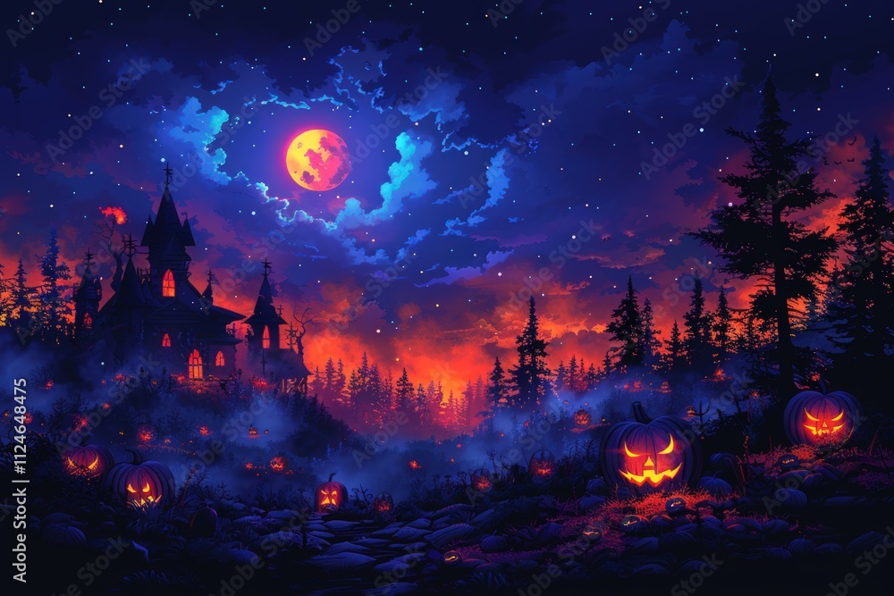 Halloween night background with spooky pumpkins, haunted house and dark trees Halloween night background with spooky pumpkins, haunted house and dark trees