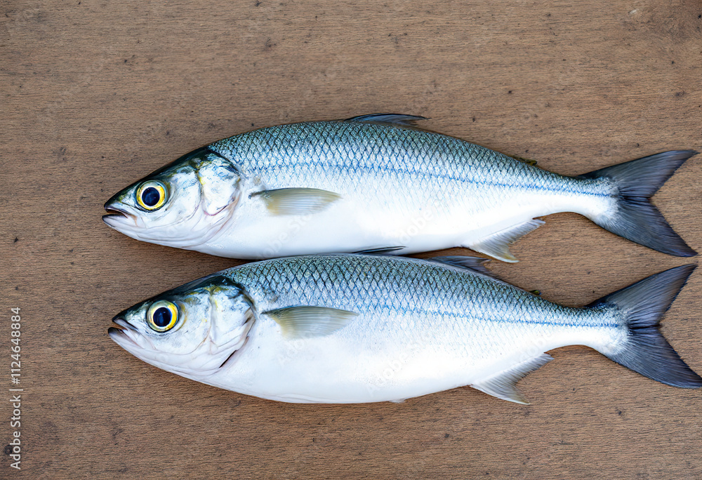 Obraz premium Two silver fish with blue and yellow markings on a wooden surface