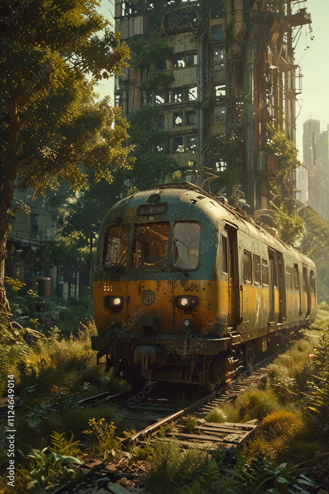 Naklejka premium Futuristic post-apocalyptic desolate city train station in ruins, abandoned skyscrapers covered in climbing plants, old suitcase on railroad, deserted city