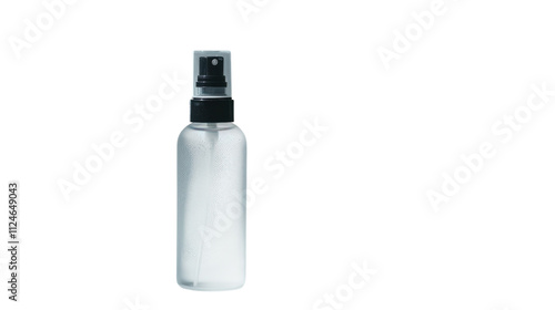 A clear spray bottle emits a fine mist in soft natural light on a minimalistic background on transparent background