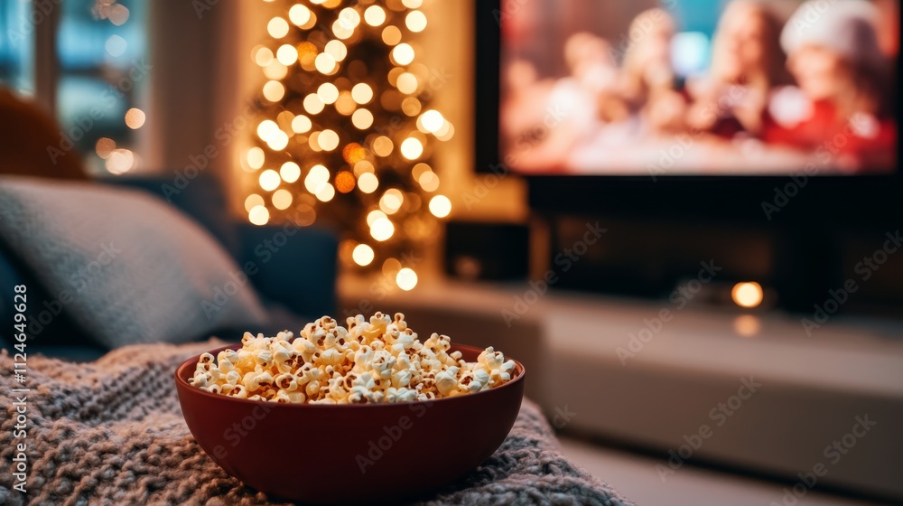 Warm and inviting living room awaits holiday festivities, featuring a large screen paused on a Christmas movie, popcorn bowl, and twinkling lights Warm and inviting living room awaits holiday festivities, featuring a large screen paused on a Christmas movie, popcorn bowl, and twinkling lights