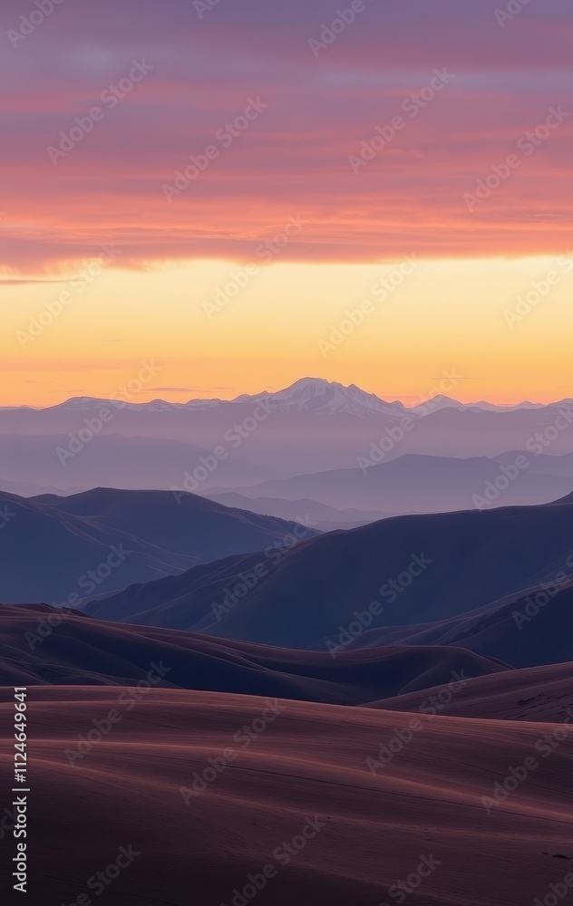 Serene Sunset Over Rolling Mountains And Distant Peak Serene Sunset Over Rolling Mountains And Distant Peak