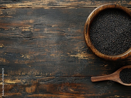 Black cumin seed placed on a sleek wooden background, top view, with ample text space. photo