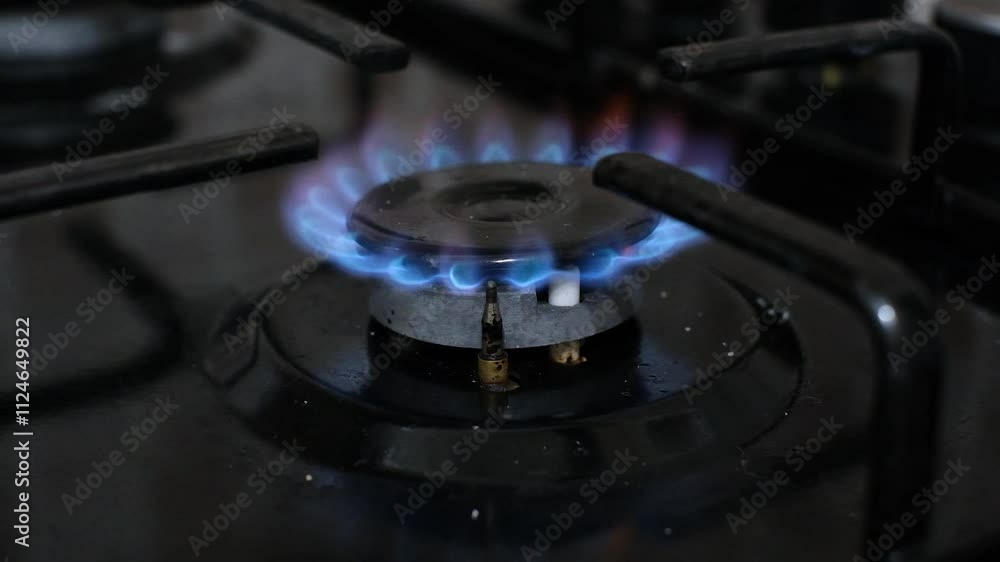 Close-up of a blue gas flame burning on a kitchen stove burner, representing energy efficiency and natural gas usage for cooking and heating in domestic and commercial kitchens. Close-up of a blue gas flame burning on a kitchen stove burner, representing energy efficiency and natural gas usage for cooking and heating in domestic and commercial kitchens.
